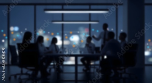 A blurred atmospheric view of silhouetted figures gathered around a conference table with a city skyline backdrop