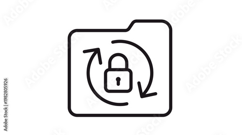 Secure data backup and synchronization vector icon illustration. A minimalist black line art symbol of a folder with a padlock and rotating arrows representing protected file updates and privacy.