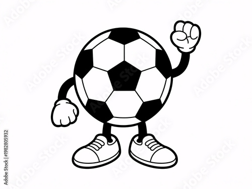 A cartoon soccer ball character with arms and legs is shown in a triumphant pose.