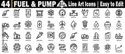 Fuel and pump line art icons. Collection of energy-related symbols for web and print design applications and websites, vector illustration.