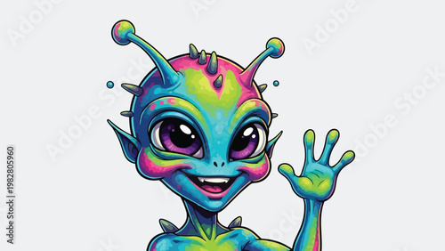 Colorful Alien Cartoon Character Waving Hand with a Friendly Smile.