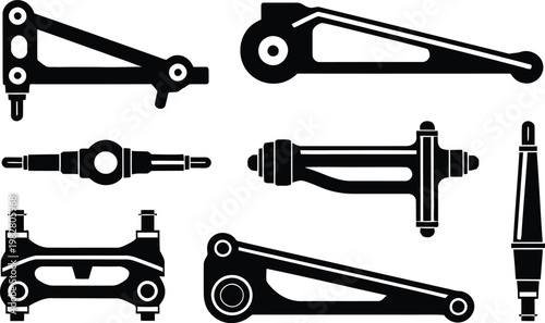 Collection of black metal mechanical parts isolated on transparent background