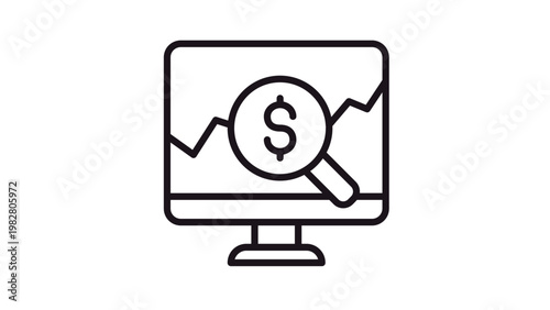 Financial analysis vector icon featuring a computer monitor with a line graph and a magnifying glass over a dollar sign, representing market research, investment tracking, and data analytics.