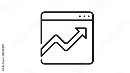 Black line vector icon illustration of a browser window with an upward trending arrow, symbolizing business growth, web analytics, SEO progress, data analysis, and digital marketing success.