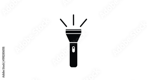Minimalist black and white icon of a handheld flashlight emitting light rays used to represent discovery illumination and finding the way.