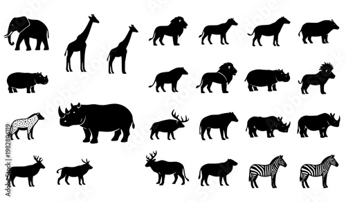 Wild Animals Black Silhouette Vector Set Elephant Giraffe Lion Zebra Rhino Hippo Hyena Animal Icons Collection