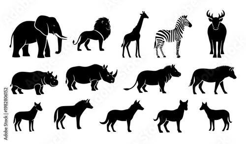 Black Silhouette Animal Icon Set Wild Safari Animals Elephant Lion Giraffe Zebra Rhino Hippo Vector Collection