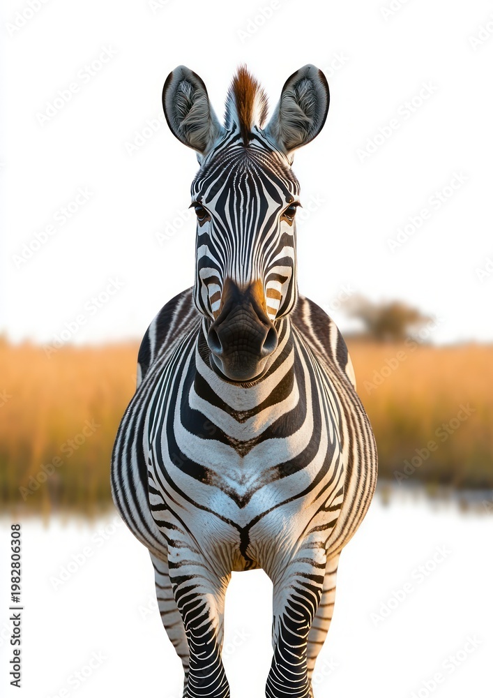 Fototapeta premium Front-facing zebra standing by shallow water in golden grassland, calm attentive gaze and bold black-and-white stripes