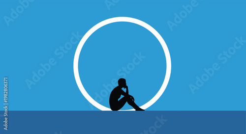 Solitary silhouette of a person sitting in a contemplative pose inside a large glowing white ring against a blue background representing peace.