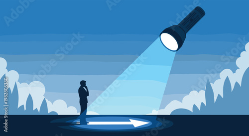 Silhouette of a thinking person standing under a bright spotlight that reveals a white arrow pointing the way towards a successful future path.