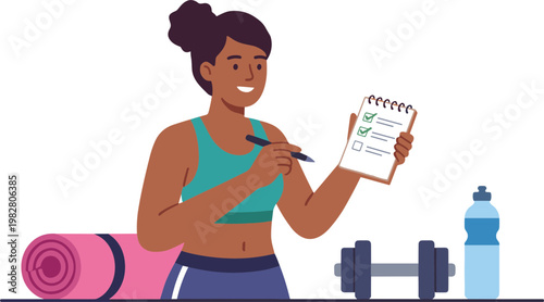 Woman planning fitness routine with notebook near dumbbell and yoga mat