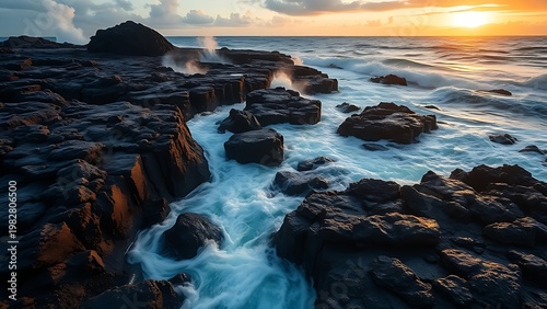 meson. Lava meeting ocean, forming black volcanic rock with rising steam at sunset. inspiring travel planning, travel magazines, designed for travel destination branding, used by nutritionists.