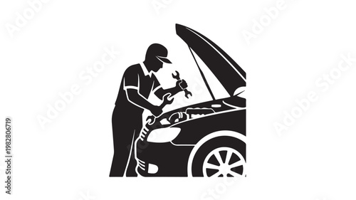 Car repair mechanic working under hood silhouette
