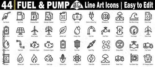 Fuel and pump line art icons. Collection of various applications and websites depicting energy sources and related technologies, vector illustration.