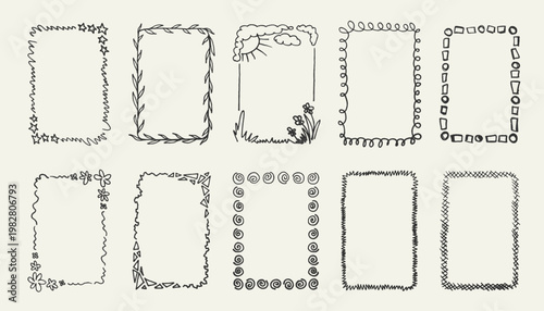 Hand drawn rectangle frames collection. Black borders with doodle scribbles. Funny crayon frame vector set