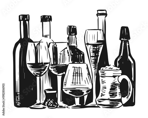 Sketch vector illustration of alcoholic beverages, glasses and mugs