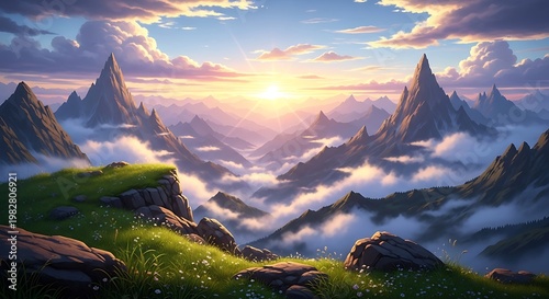 Majestic Mountain Range at Sunrise with Misty Valleys and Vibrant Green Meadows, Capturing the Serene and Tranquil Mood of Nature's Beauty and Grandeur.
