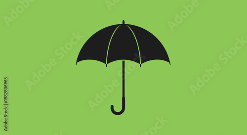 Simple black icon of an open umbrella centered on a solid green background representing protection safety and insurance concepts in a flat style.