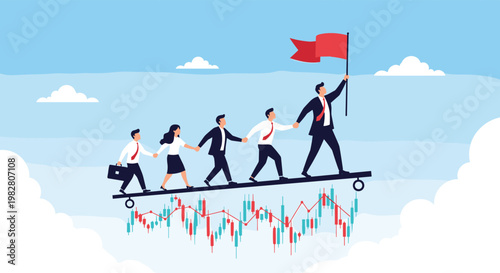 Confident business team following a leader on a floating path above a stock market candlestick chart and clouds.