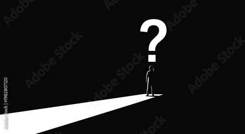 Silhouette of a pensive person standing beneath a giant glowing question mark in a dark and mysterious environment.