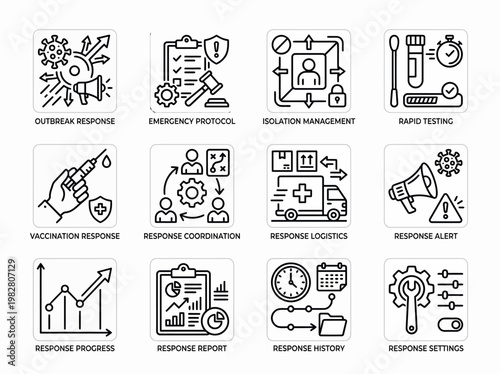 A comprehensive set of linear graphical icons depicts emergency management procedures and healthcare response strategies through organized visual symbols for effective professional communication