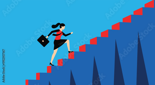 Ambitious businesswoman running up a blue and red staircase with sharp dangerous spikes underneath her career path.