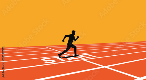 Determined businessman in silhouette prepares to race from the starting line on a professional orange athletic track.