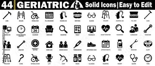 Geriatric care solid icons set. Featuring medical mobility aids, elderly health monitoring equipment, and senior wellness accessories for a retirement lifestyle vector illustration.