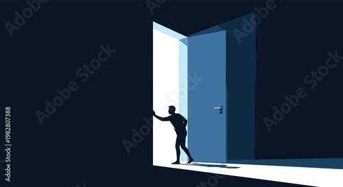 Silhouette of a person opening a heavy door to step from a dark room into a world filled with bright white light.