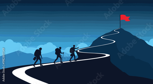 Group of three hikers walking along a winding mountain path toward a red flag on the highest snowy peak at night.