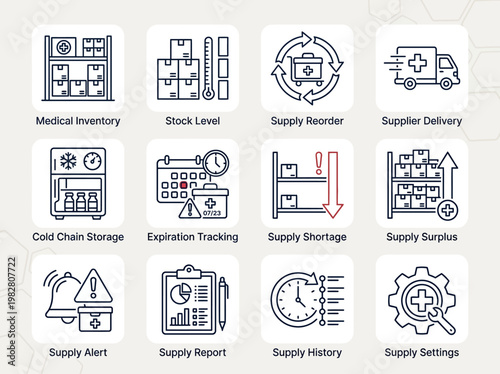 Minimalist icons for supply chain management, logistics, and inventory control system, featuring various blue line illustrations on white background for business and medical use
