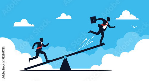 Competitive businessman jumping on one end of a seesaw to launch his colleague high into the sky for an advantage.