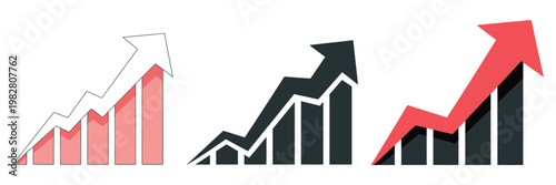 Set growth graphs arrow going up icon, clean editable stroke vector illustration featuring rising chart bars, upward trend arrows, and business performance diagrams