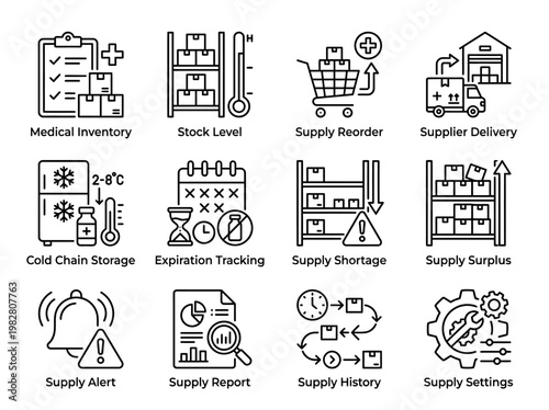 Black and white line icons set for logistics, supply chain management and inventory control with 12 items including medical inventory, stock level, supply reorder and surplus