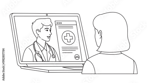 Patient having online video call consultation with male doctor on laptop, receiving remote medical advice and digital healthcare support from home.