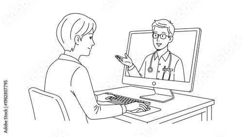 Patient having a virtual online consultation with a friendly doctor on a computer screen, receiving remote medical advice and healthcare support.