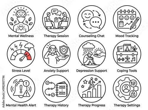 A set of twelve therapeutic mental health and wellness icons depicting stress, anxiety, therapy, and coping mechanisms in a simple line art style for digital applications and health technolo