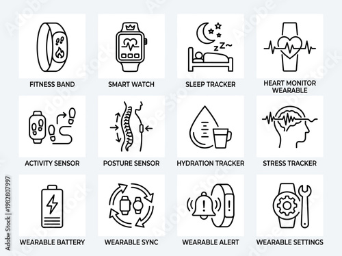 Collection of modern wearable technology icons including fitness trackers, smartwatches, and health monitors in a minimalist line art style for infographics and presentations.