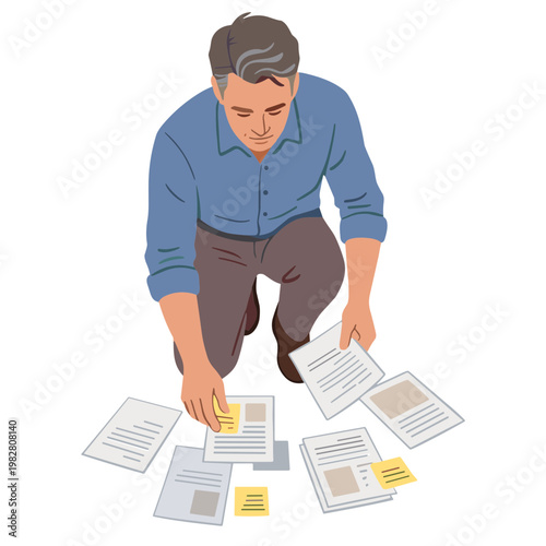 A man is kneeling down sorting through papers on the floor carefully