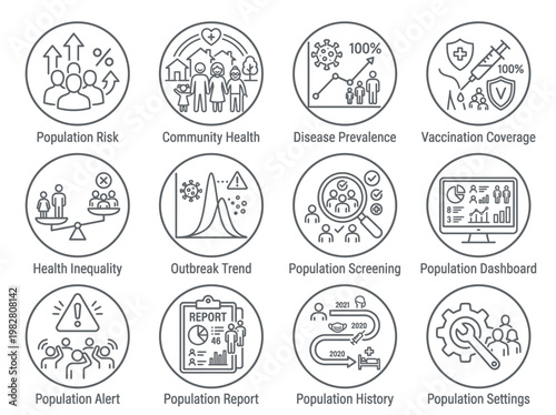 Black and white line icons depicting various public health and population statistics concepts, including risk, health, disease, vaccination, inequality, trends, screening, dashboards, alerts
