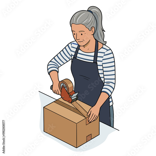 A woman cutting a cardboard box with a utility knife in her workshop