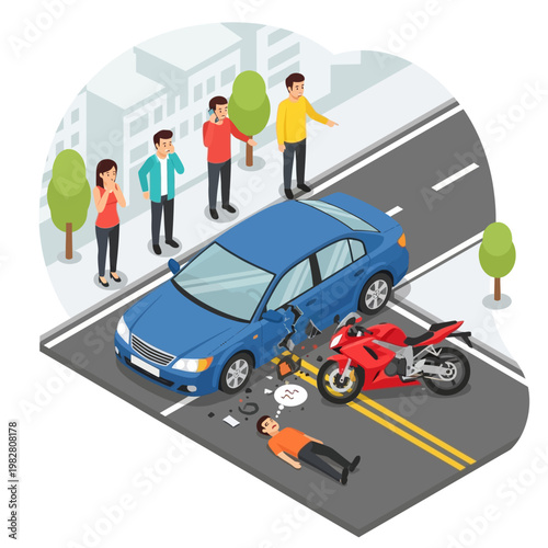 Motorcycle accident: car crashes into motorcycle, rider injured on road