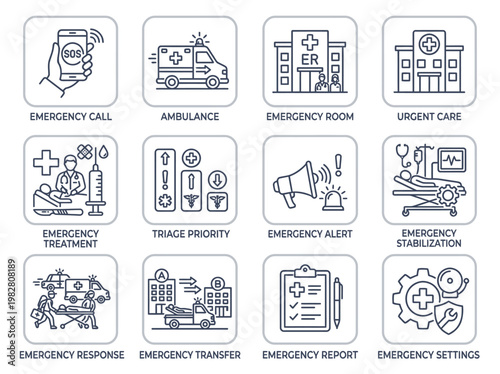 Collection of various emergency service icons including call, ambulance, hospital, urgent care, treatment, priority, alert, evacuation, response, transfer, report, and settings on white back