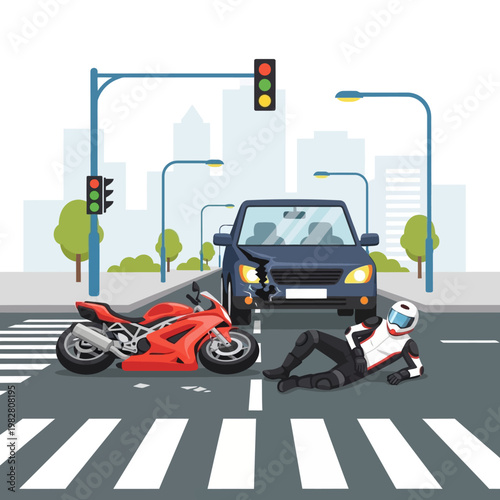 Motorcycle Car Collision at Intersection, Injured Rider on Road