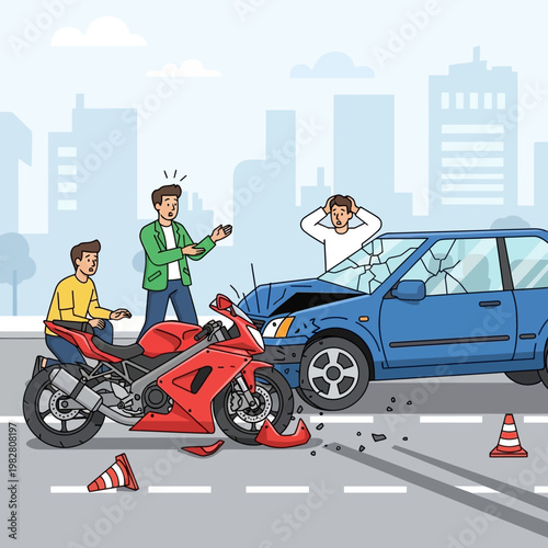 Motorcycle car crash on city street, injured drivers in shock, accident scene