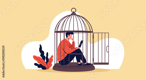 Overworked man sitting inside a metal birdcage while focusing on his laptop computer in a lonely environment.