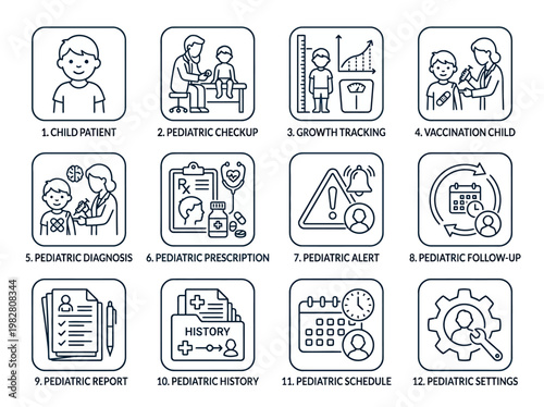 A line art set of 12 pediatric icons including child patient, pediatrician checkup, growth tracking, vaccination, diagnosis, prescription, alert, follow-up, report, history, schedule, and se