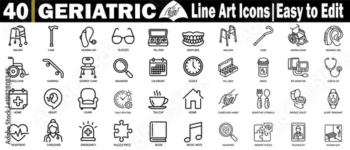 Geriatric line art icons. Collection including elderly mobility equipment, senior medical monitoring devices, and home health assistance symbols for nursing vector illustration.