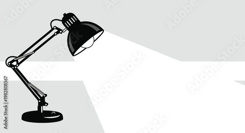 Black adjustable desk lamp shining a bright white light across a gray surface to create a perfectly focused work area.