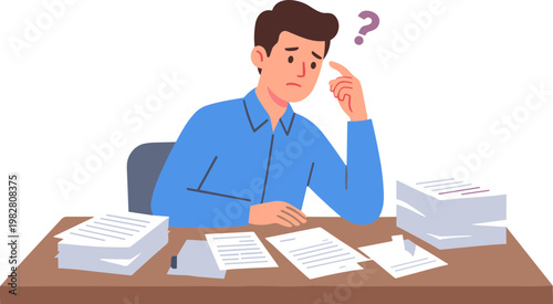 Man sitting at desk with papers looking puzzled at office